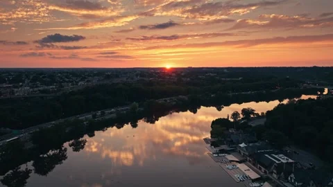 Drone Sunset Over Urban River Bridge in Philadelphia Schuylkill Boathouse Row Stock Footage 281676247