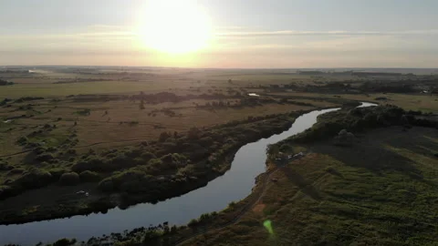 Drone sunset river field forest picnic Video stock 147664364