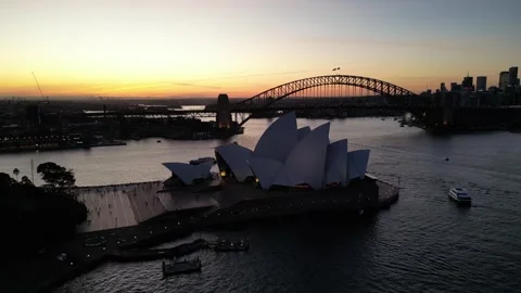 Drone Sunset Sydney Opera House Australia Sydney Harbour Bridge Night Ferry 스톡 동영상 247565100