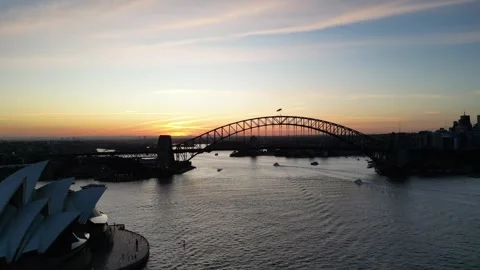 Drone Sunset Sydney Opera House Sydney Harbour Bridge  - 2 Stock Footage 247565417