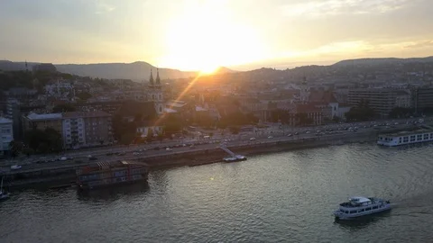 Drone sunset time lapse over Budapest and Danube River Stock Footage 114667806