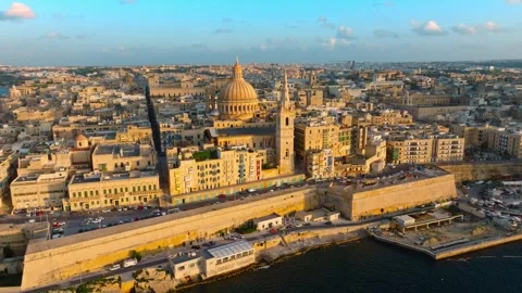 Drone sunset top view of Valletta city, capital of Maltese island Stock Footage 305312547