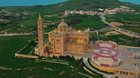 Drone sunset view of catholic Ta' Pinu church on Gozo island, Malta Stock-Footage 330112785