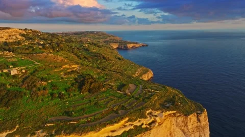 Drone sunset view of cliffs, countryside. Maltese island Stock Footage 324801012