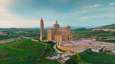 Drone sunset view of Ta' Pinu church on Gozo, Malta island Stock-Footage 330063462