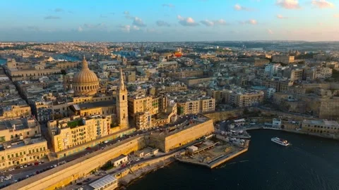 Drone sunset view of Valletta city, capital of Maltese island Stock Footage 305312499
