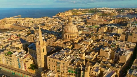 Drone sunset view of Valletta city, capital of Maltese island Stock Footage 330177933