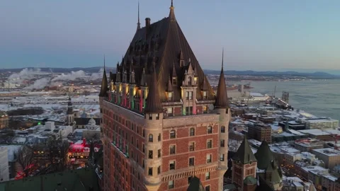 Drone surrounding chateau frontenac in winter Stock Footage 323099849