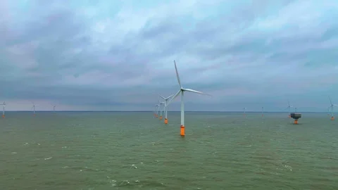 Drone survey emphasizes immediate maintenance needs for offshore wind turbines Stock Footage 325128238