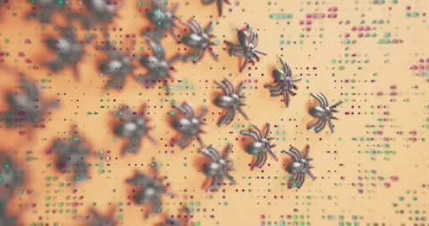 Drone swarm crawling across grid triggered by data pulse detaching rejoining Stock Footage 316963480