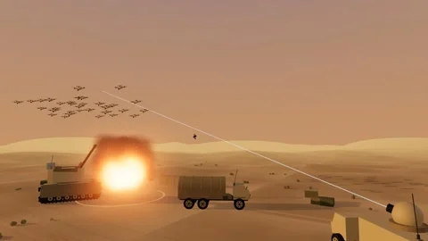 Drone swarm crosses over a position before the blasts at golden hour Vídeos de archivo 342391476