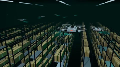 Drone Swarm Sweeping The Rack Field Of An Automated Warehouse Vídeo Stock 344257698