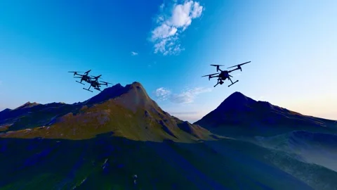 Drone swarms conduct terrain mapping in the mountains Stock Footage 316017704