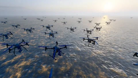 Drone swarms fly low over the sea for navigation and detection Vídeo Stock 310096743