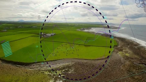 Drone sweeping driving dashed ring teal bars trace growing and aligning above Vídeos de archivo 333132620
