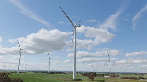 Drone Sweeping Over Rural Wind Energy Site Stock Footage 334272892