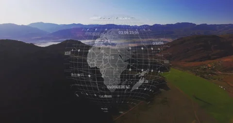 Drone sweeping valley at sunrise grid forming sphere around rotating holographic Stockbeeldmateriaal 315807737