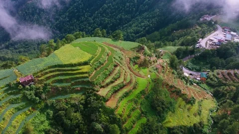Drone Sweeps Left Through Clouds Then Descends At Halsema Highroad Point Benguet Stock Footage 344438786
