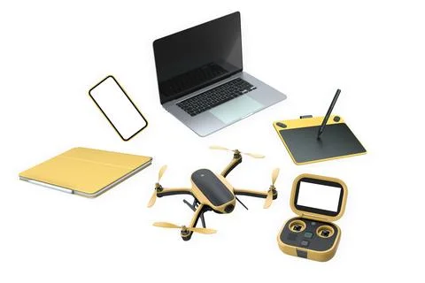 Drone, tablet, and controller isolated isolated on white background, concept  Stock Illustration