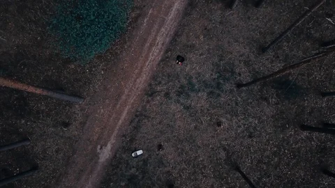 Drone takeoff over trees through a hole in the woods Stock Footage 129451167