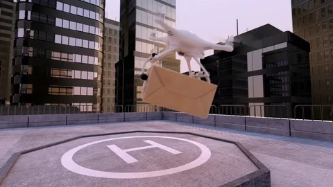 Drone takes away a parcel on a building roof Stock Footage 84935635