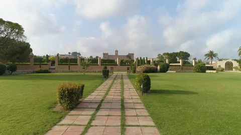 Drone takes flight and sees monastery inside small town Stock Footage 124384725