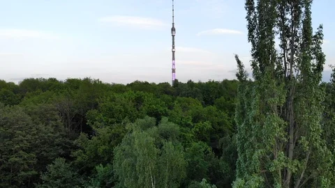 Drone takes off at Ostankino park overlooking the Ostankino TV tower Stock Footage