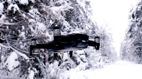 Drone takes off in the winter forest. Slo-mo Stock Footage 100815670