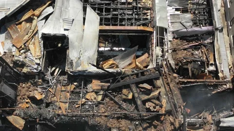 Drone taking back the day after the fire that consumed the Pedro de Valdivia Stock Footage 136346236