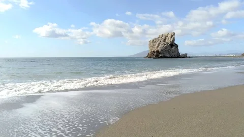 Drone taking off the beach and flying over the sea Stock Footage 119278832