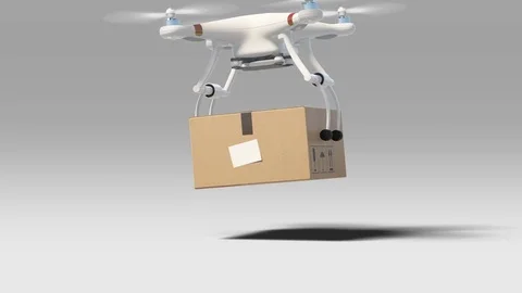 Drone Taking off with a Package from the Ground and Flying Away. 3d Animation Stock Footage 81772779