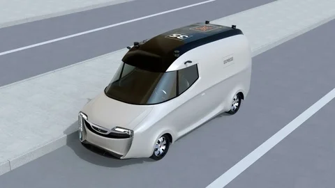 Drone taking off from van for delivering cardboard parcel Stock Footage 75734705