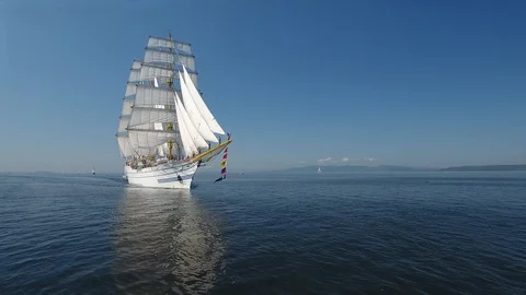 Drone tall sailing vessel decorated sailors Navigation Beautiful Historic Ship  Video stock 95003053