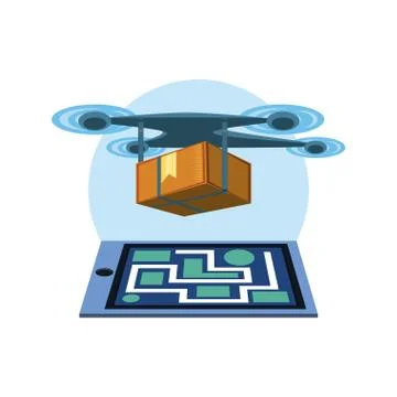 Drone technology with box carton and paper map Stock Illustration