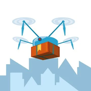 Drone technology with box carton in cityscape Stockillustratie