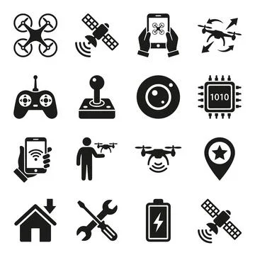 Drone technology icons set with quadcopter, satellite, remote control, joys.. Stock Illustration