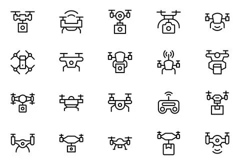 Drone Technology outline icon set. Contains linear outline icons like Quadr.. Stock Illustration