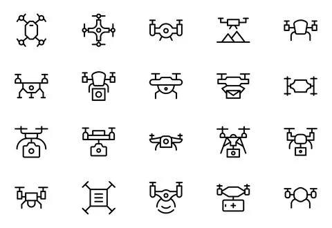 Drone Technology outline icon set. Contains linear outline icons like Quadr.. Stock Illustration