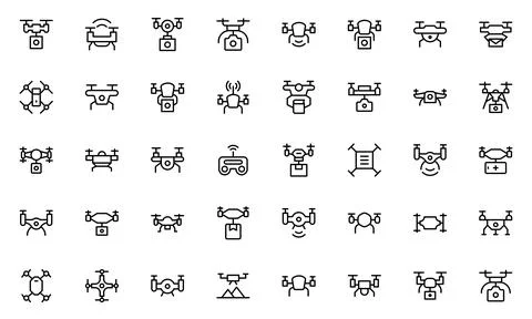 Drone Technology outline icon set. Contains linear outline icons like Quadr.. Stock Illustration