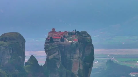 Drone up Telephoto View of Holy Trinity Monastery Cliff in Meteora Greece Stock-Footage 344190396