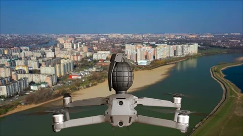 A Drone of Terrorists Packed with Explosives Flies Toward a Peaceful Target in Stock Footage 106626439