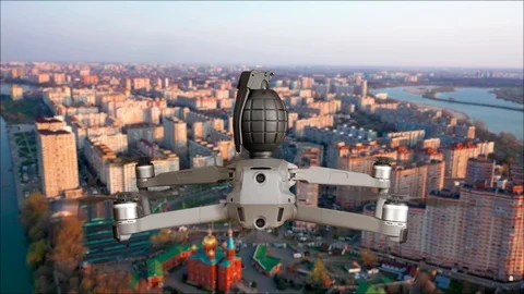 A Drone of Terrorists Packed with Explosives Flies Toward a Peaceful Target in Stock Footage 106629116