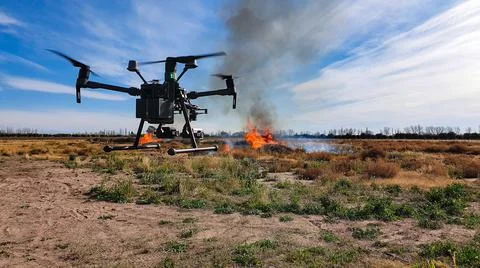 Drone with thermal camera controlling the beginning of the fire, Stock Photos