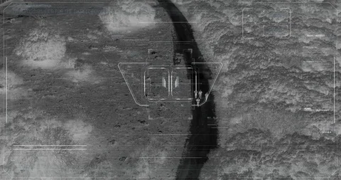 Drone with thermal night vision view of terrorist squad walking with weapons Vidéo 106681453