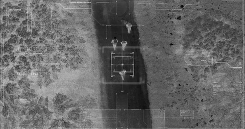 Drone with thermal night vision view of terrorist squad walking with weapons Stock Footage 106681605
