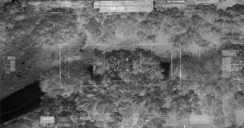 Drone with thermal night vision view of terrorist squad walking with weapons Video stock 106681619
