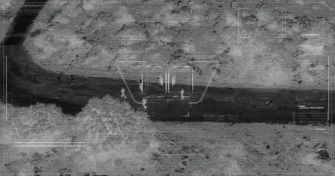 Drone with thermal night vision view of terrorist squad walking with weapons Vidéo 106681642