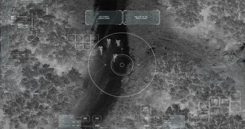 Drone with thermal night vision view of terrorist squad walking with weapons Vidéo 106681813