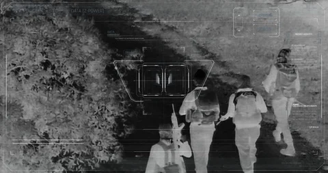 Drone with thermal night vision view of terrorists with camera zooming in Video stock 106682117
