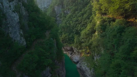 Drone Tilt Up Through Turquoise Canyon Near Barcis Stock Footage 336582688